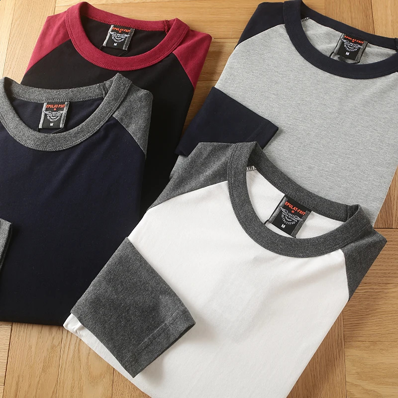Summer American Retro Raglan Longsleeved Oneck Montage Tshirt Mens Fashion Simple 100%Cotton Washed Casual Sport Tops 240807