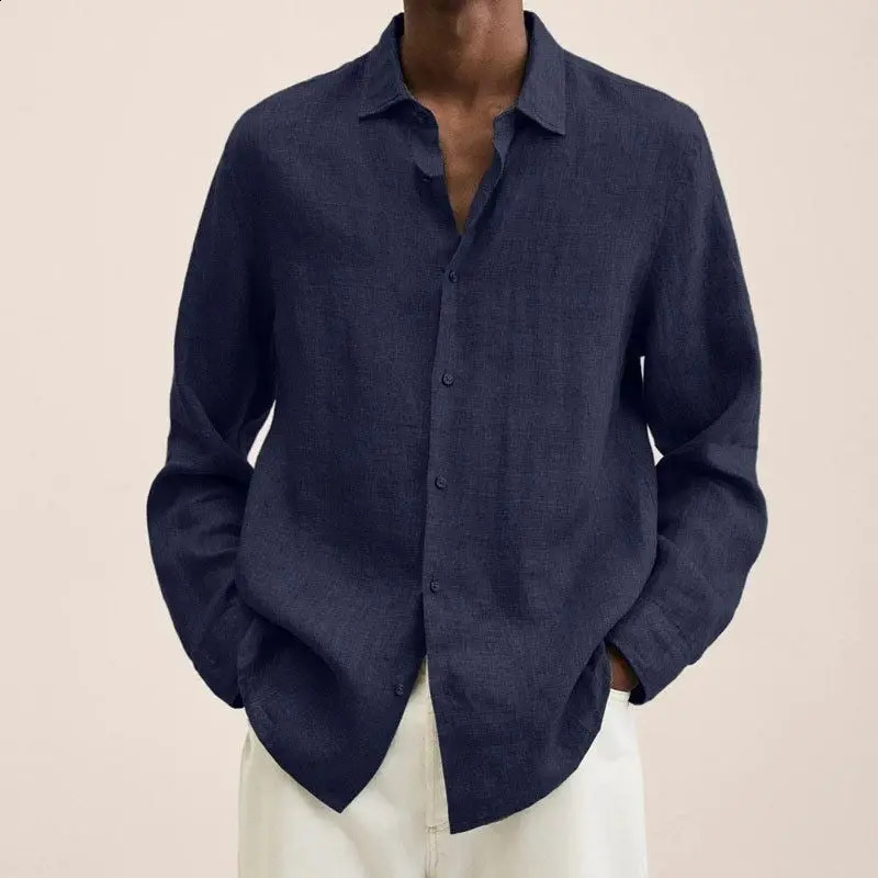 Autumn Long Sleeved V-neck Shirt Loose Mens Long Sleeve Shirt Solid Color Casual Style Mens Casual Linen Shirt 240729
