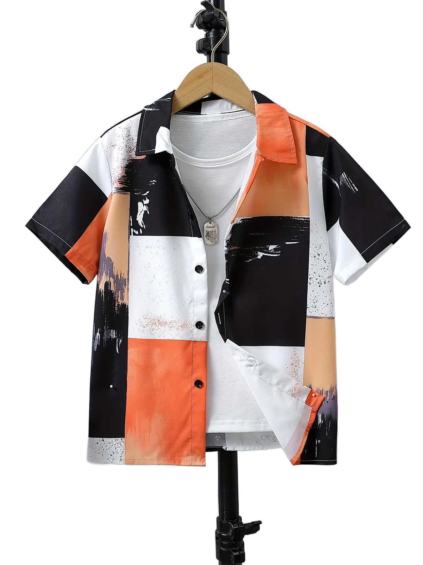 2024 childrens clothing cartoon beach print boys creative shirt casual short sleeved top boys summer childrens shirtW240729