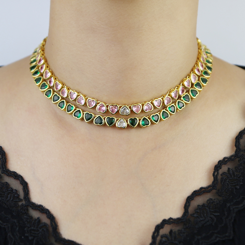Valentine's Gift Bg Iced Heart Cz Choker Necklace for Women, Gold Color, Green Pink White Cubic Zirconia Tennis Jewelry
