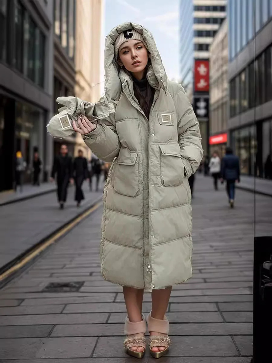Loose Woman Padded Coat Long Jacket Thicken Warm Hooded Zipper Pockets Warm Snow Wear Oversize 2024 Woman Winter Parka 240729