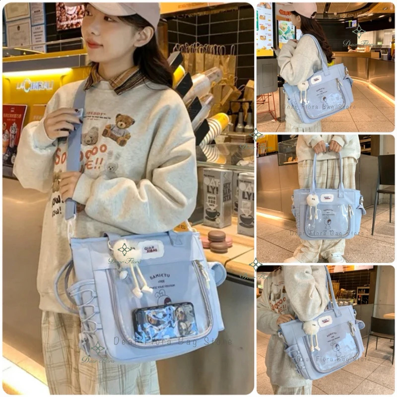 Y2K Cute Large Capacity Transparent Tote Bag Kawaii Lolita Crossbody Ita Girl Simple Casual Shoulder DIY Display Handbag 240729