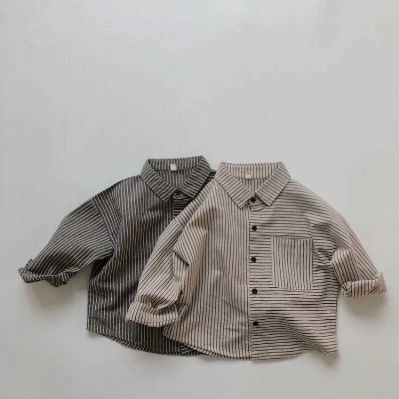 Autumn new childrens long sleeved lapel shirt baby boy linen cotton casual top fashionable girl striped loose jacket childrens clothingW240729