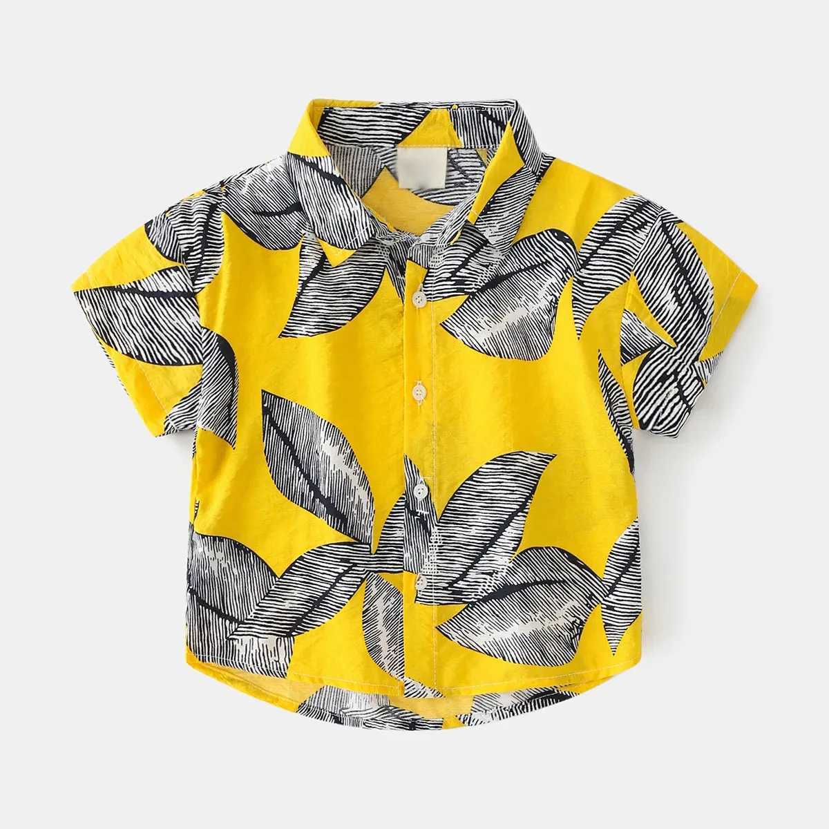 New Boys Fashion Shirt 2024 Summer Boys Cartoon Full Leaf Printed Collar Shirt Short Sleeve Top Childrens Casual ClothingW240729