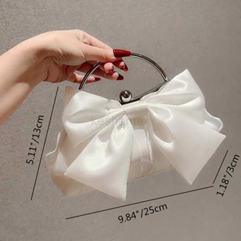 White Satin Bow Fairy Evening Bags Clutch Metal Handle Handbags for Women Wedding Party Bridal Clutches Purse Chain Shoulder BagXJ240729