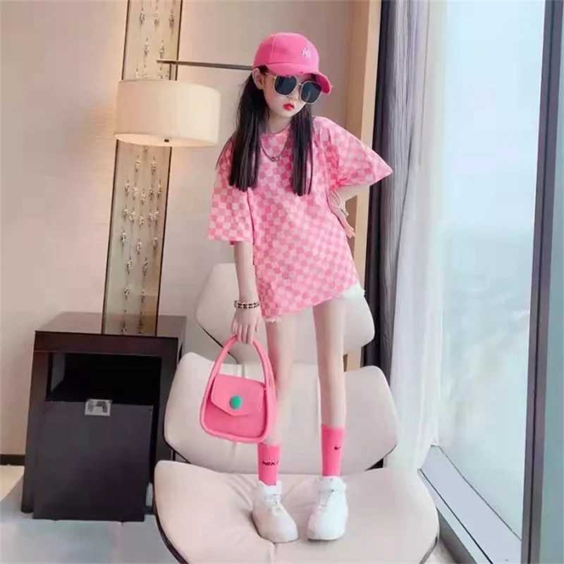 T-shirts Teenagers Girls T-shirt 2023 Summer Girl Short Sleeve Tops Tees Sport Kids School Costume Children Long T-shirts 4-12 Years OldL24729