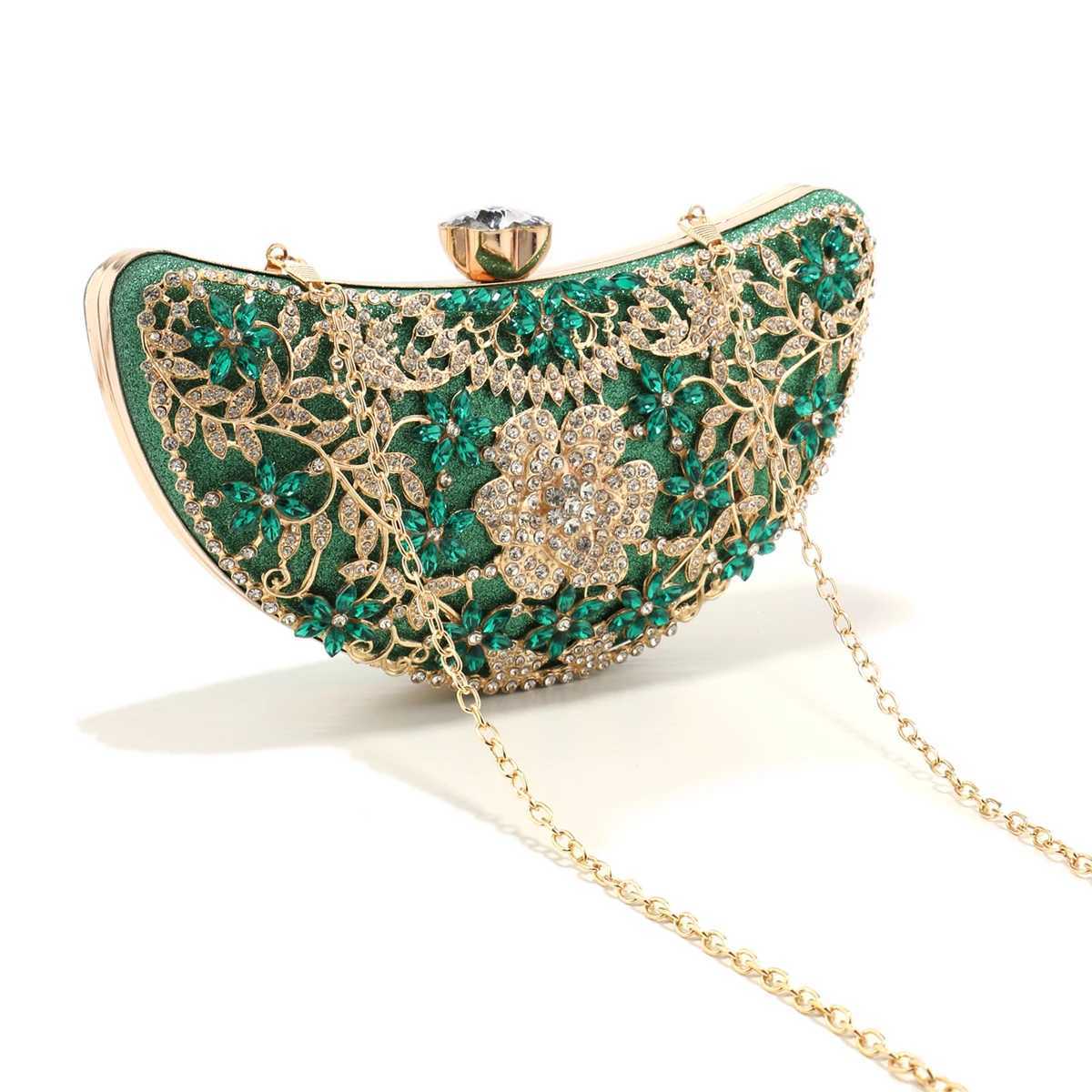 Green Color Women Evening Bags With Rhinestones Hollow Out Style Clutch Diamonds Moon Design Wedding Glitter Luxury Lady BridalXJ240729
