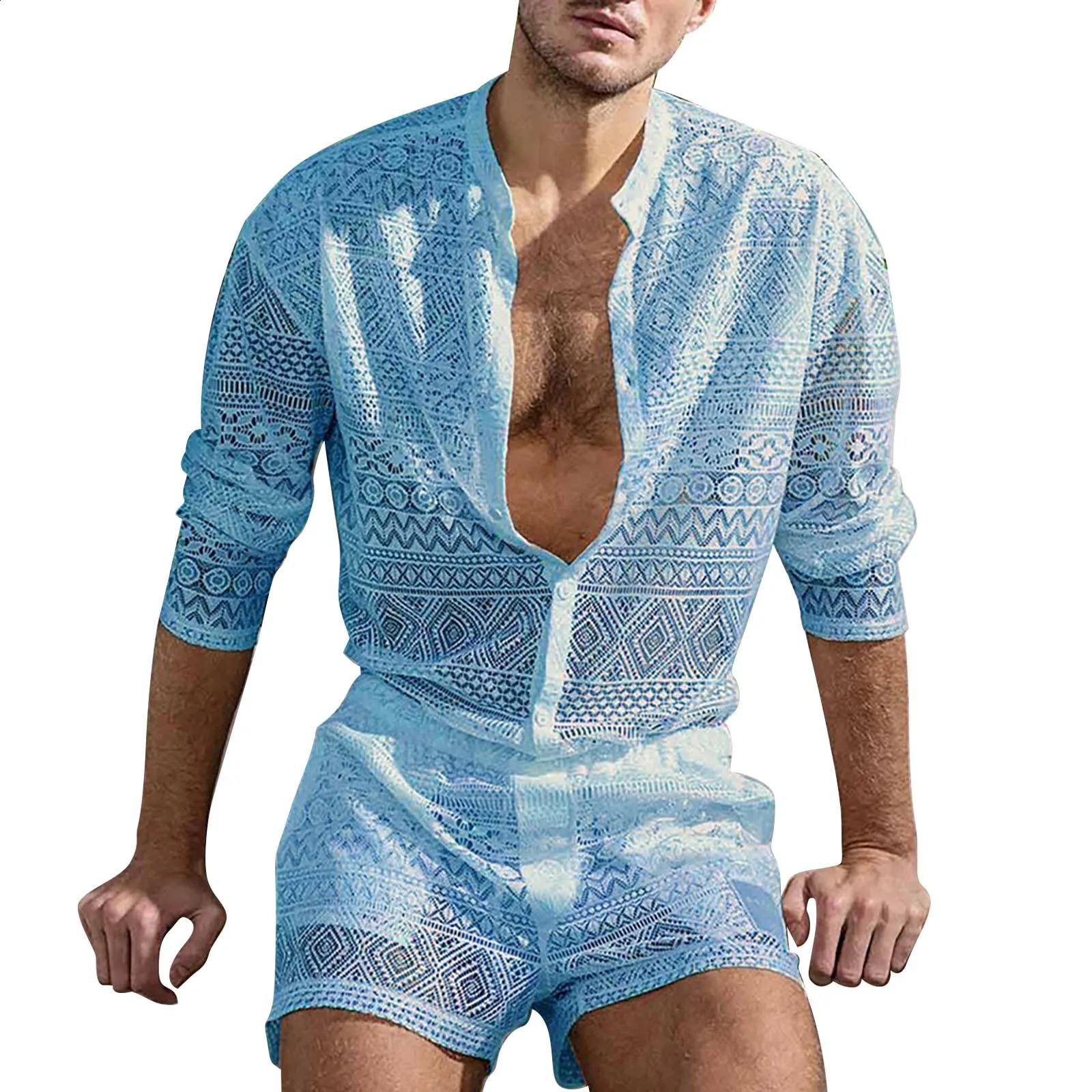Summer mens sexy and fashionable twopiece solid color lace dress worn through hollow short sleeves loose pocket shorts set 240729