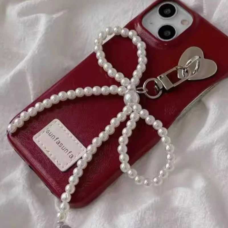 Korean Sweet Pearl Bow Phone Charm Pendant Keychain for Bag IPhone Samsung Accessories Women Girl Strap Lanyard Pendant DecorL240729