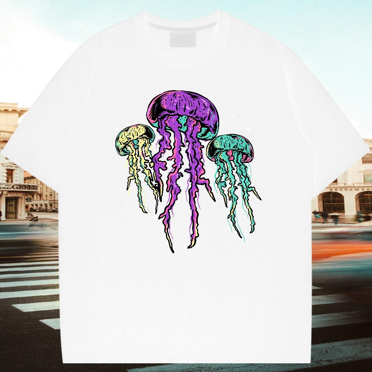 Wholesale Men Tshirts 100% Cotton 230g Casual Daily Wear jellyfish DIY Logo Oversized Crew Neck Breathable 2024 Summer Man T Shirts Clothes