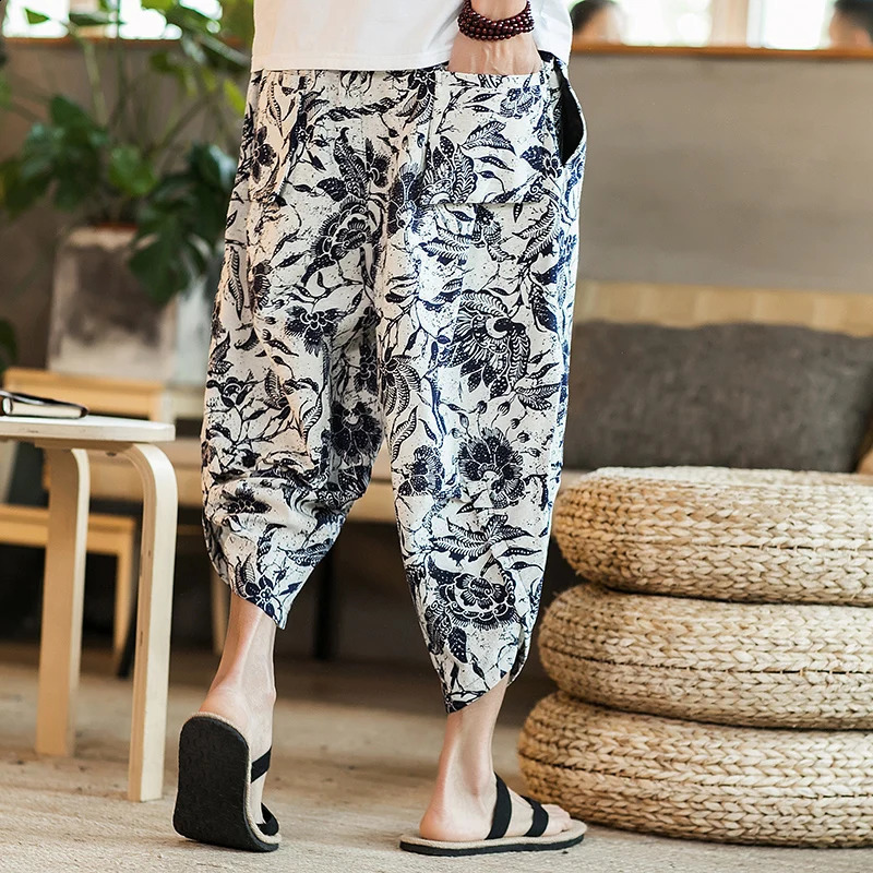 Harajuku summer loose calf length casual mens wide leg cotton linen printed pocket pants oversized mens pants 240828