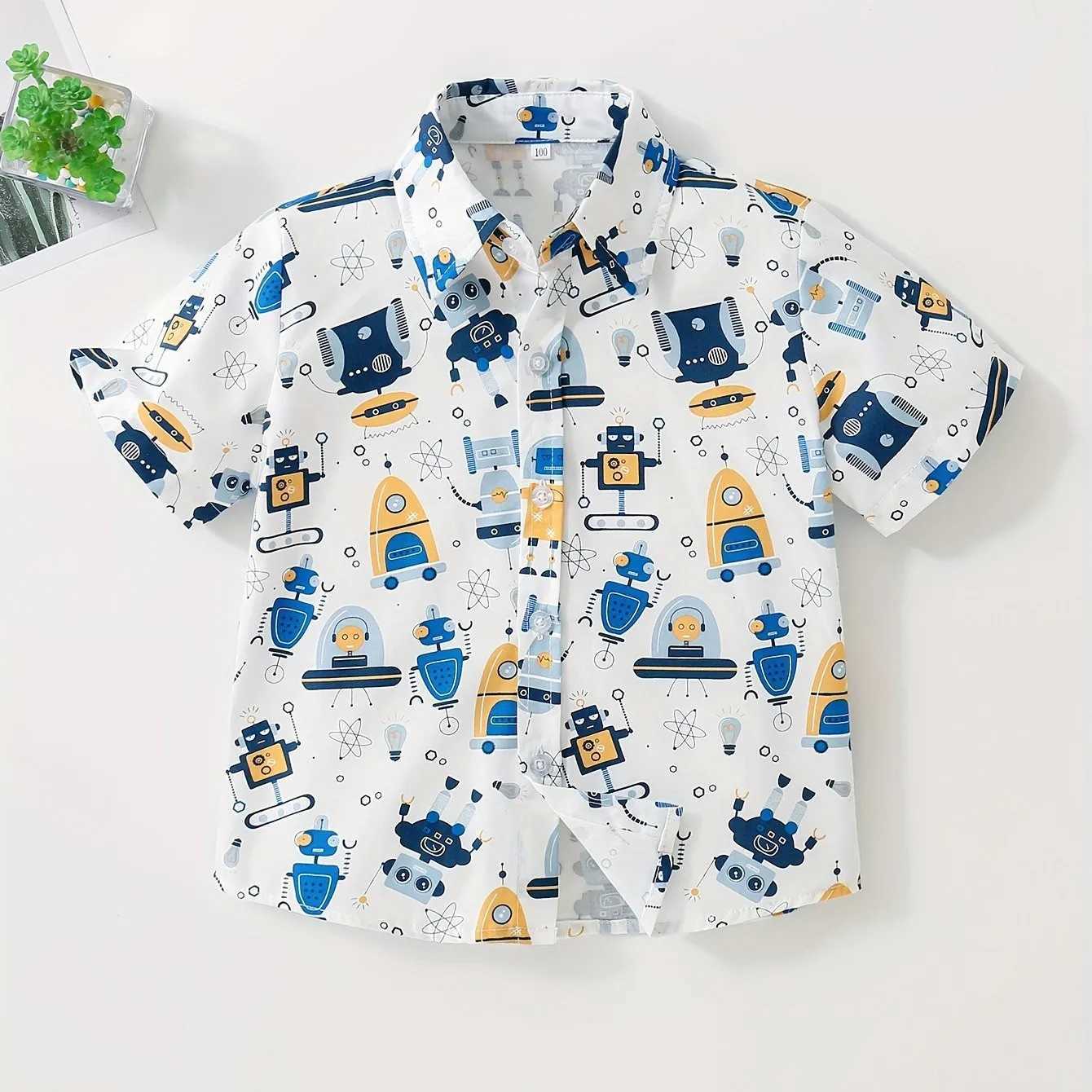 Childrens clothing cartoon pattern cute shirt boys short sleeved casual fashion front button comfortable summer topW240729
