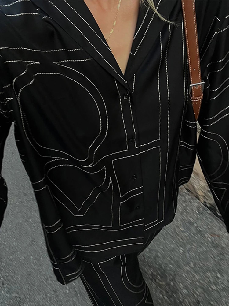 Loose Geometry Print Shirt Pants Set Women Casual Lapel Long Sleeve Single Breasted Tops Wide Leg Pockets Trousers Two Piece 240729