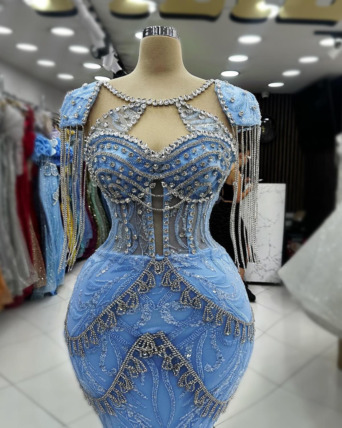 2024 Plus Size Sky Blue Mermaid Prom Dress Lacefull Promdress Beadings Crystals Evening Formal Party Second Reception Birthday Engagement Gowns Dresse