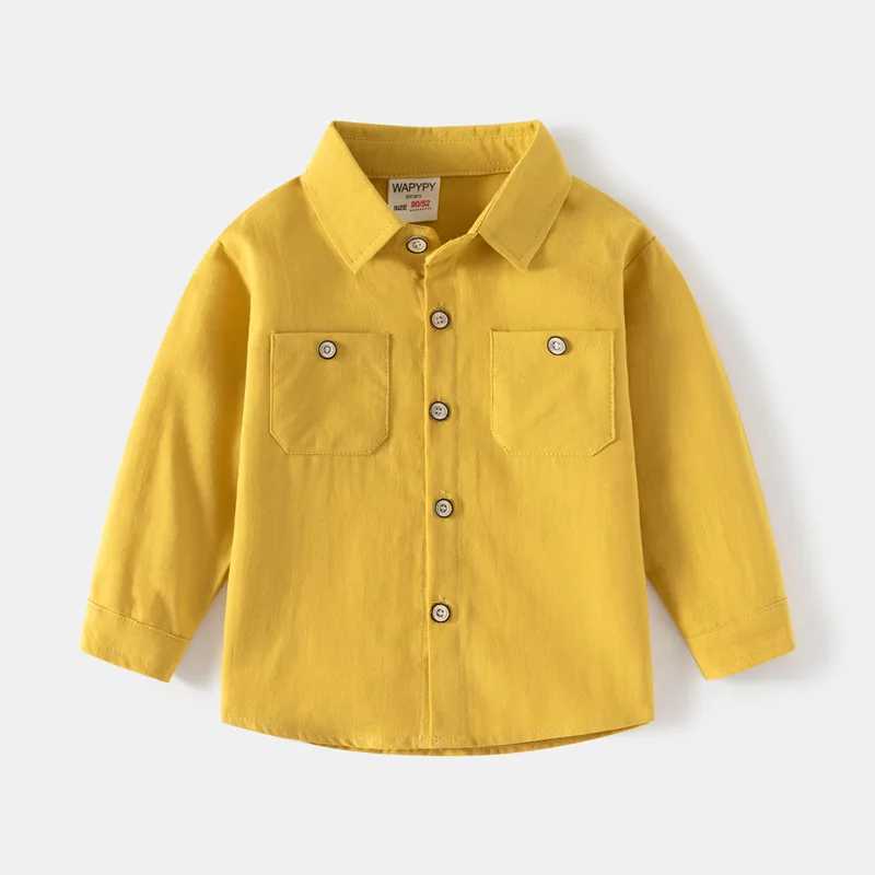 Childrens long sleeved shirt spring and autumn boys double sleeved pocket childrens long sleeved collar solid color pure cotton age 3-8W240729