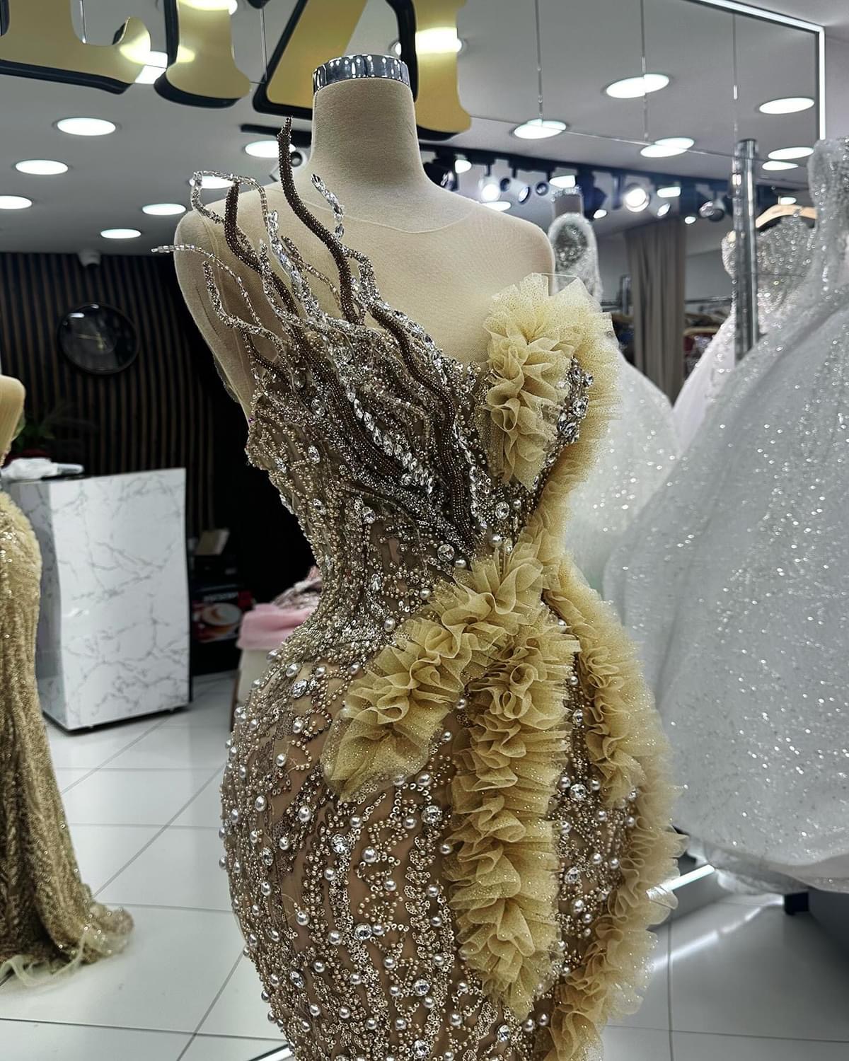 2024 Plus Size Gold Illusion Mermaid Prom Dress Lacefull Promdress Pearls Crystals Evening Formal Party Second Reception Birthday Engagement Gowns Dre