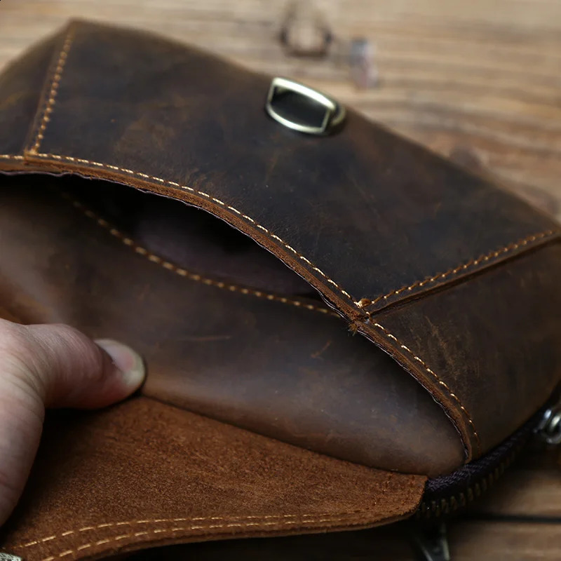 Retro Leather Mens Mobile Phone Bag Crazy-horse Leather Waist Bag Top Layer Cowhide Clutch Cross-body Shoulder Bag NZPJ 240729