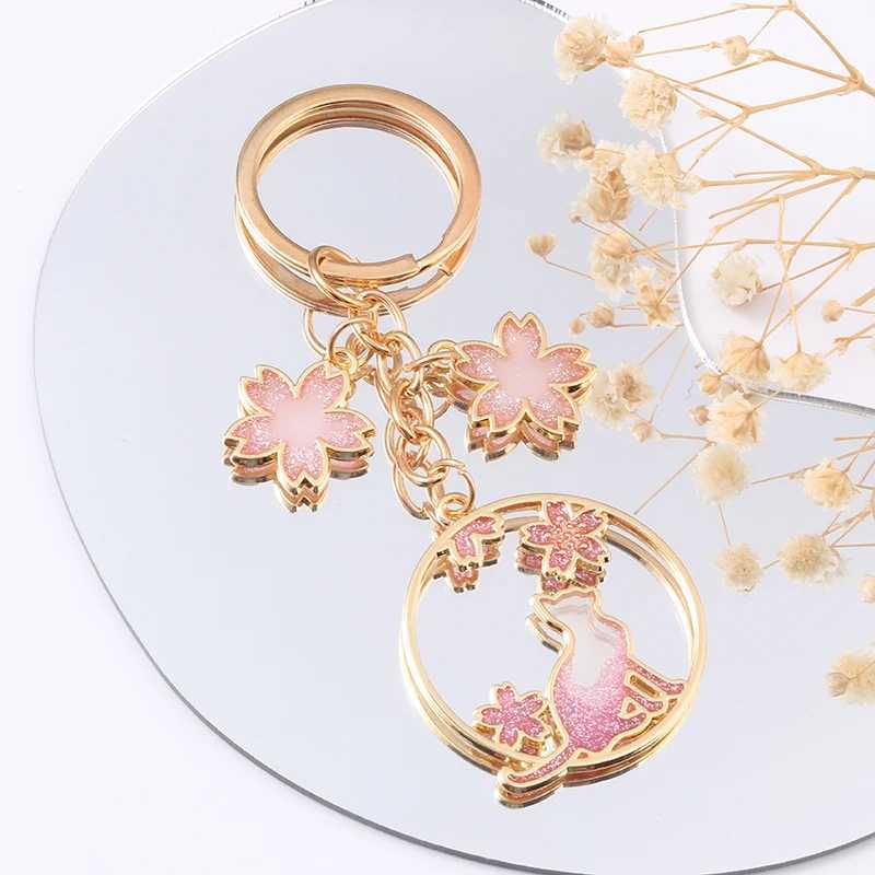 Pretty Round Cat Keychains Cherry Blossom Flowers Animals Key Rings For Women Girls Friendship Gift Handmade DIY JewelryL240729