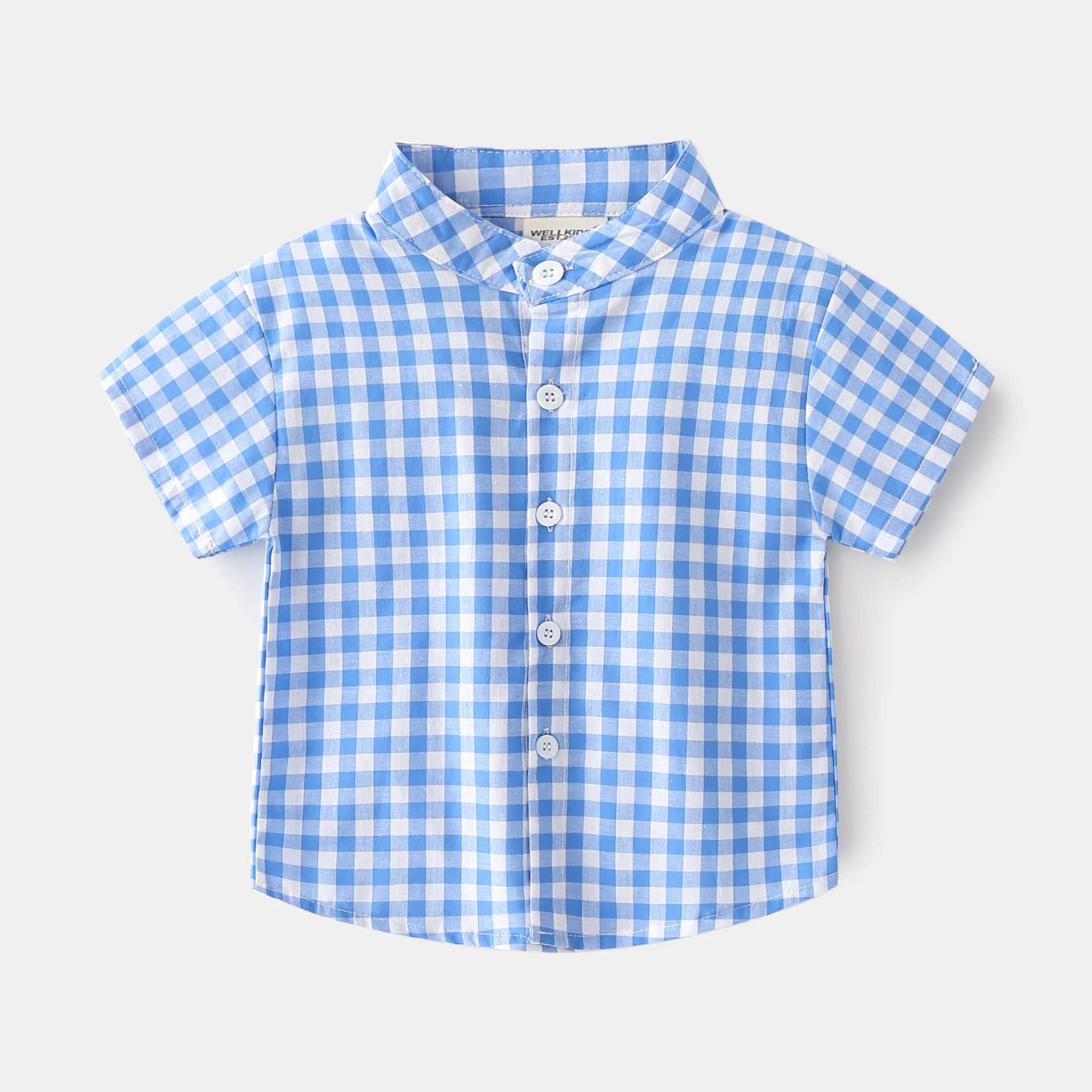 Plaid Fashion Boys Shirt Stand up Collar Childrens Summer Clothing Childrens Top Childrens ClothingW240729