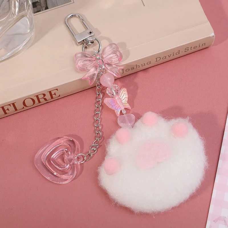 Cute Plush Cartoon Cat Claw Keychain Soft White Pink Key Ring Pendant Backpack Car Pendant Decoration Keyholder Lolita GirlsL240729