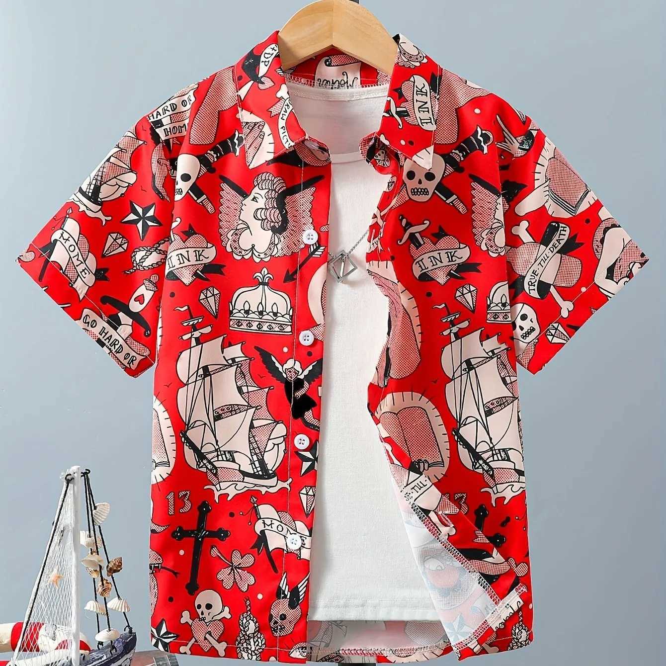 Childrens boy cartoon monster pattern top casual short sleeved fun button retro shirt summer vacation topW240729