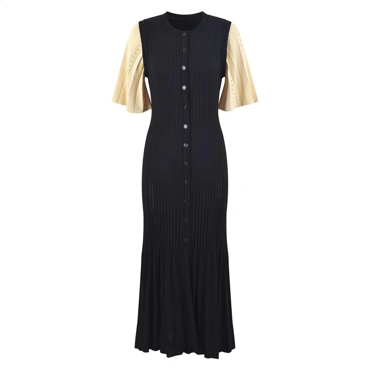 Hollow Out Knitted Maix Dress Women Short Sleeved Single Breasted Slim Dresses Autumn Fashion Elegant Commuting Robes 240729