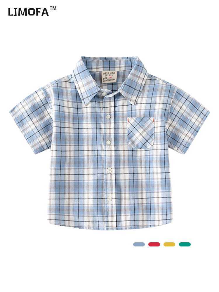 LJMOFA childrens classic plain weave shirt childrens short sleeved lapel striped casual polo shirt summer cotton youth top D454W240729