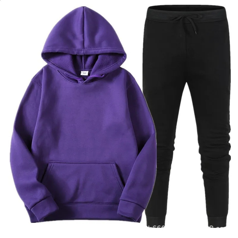 2024 womens mens suit solid color hooded suit mens and womens spring warm hoodie casual long-sleeved pants two-piece suit 240729