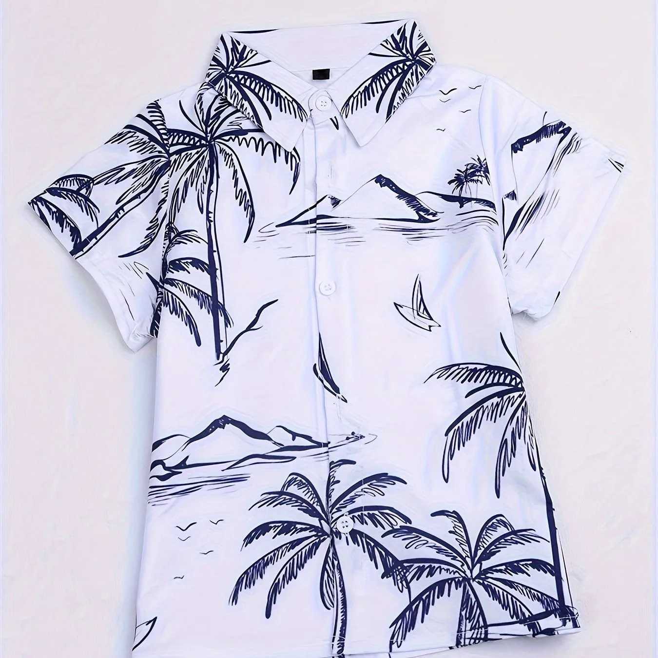 Beach coconut tree print boys creative shirt casual short sleeved lapel childrens shirt top boys summer outdoor clothingW240729
