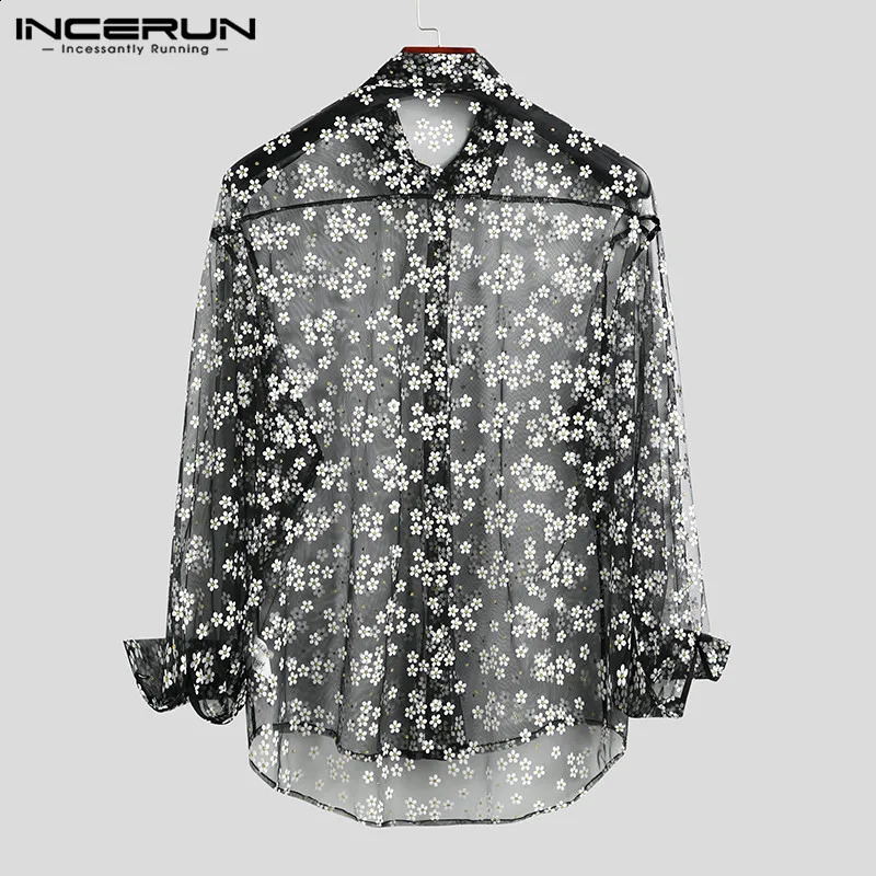INCERUN Fashion Men Mesh Shirt Long Sleeve Transparent Printing Casual Loose Tops Streetwear Lapel Party Clubwear Tops Casmias 240729