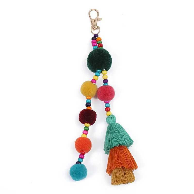 Big Plush Ball With Fringes Key Chain Bohemia Womens Purse Bag Charm Pompom Tassel Keychains Jewelry Diy Handmade Key RingL240729