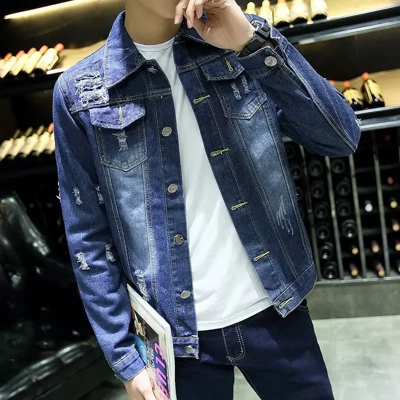 Mens Denim Jacket Slim Fit Ripped Autumn Male Jean Coats with Hole Button Rock One Piece of Fabric Fast Delvery on Board In 240729