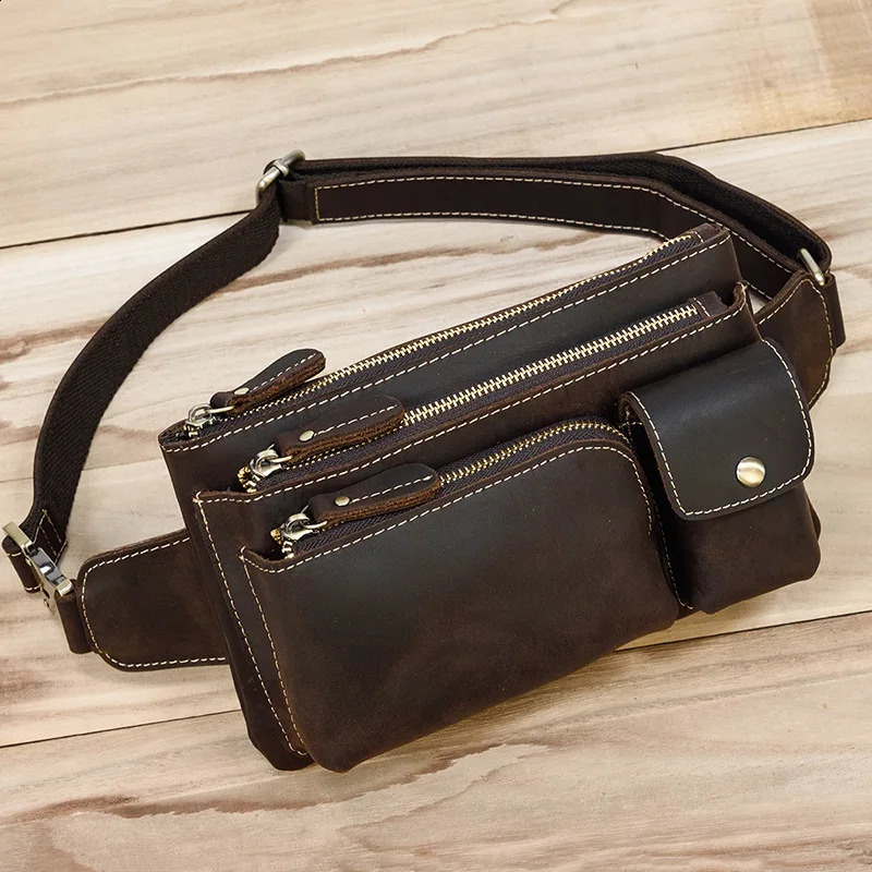 MAHEU Crazy Horse Men Waist Bag Real Leather Chest Bag Outdoor Casual Full Grain Leather Porable Gym Bags Messenger Bag Brown 240729