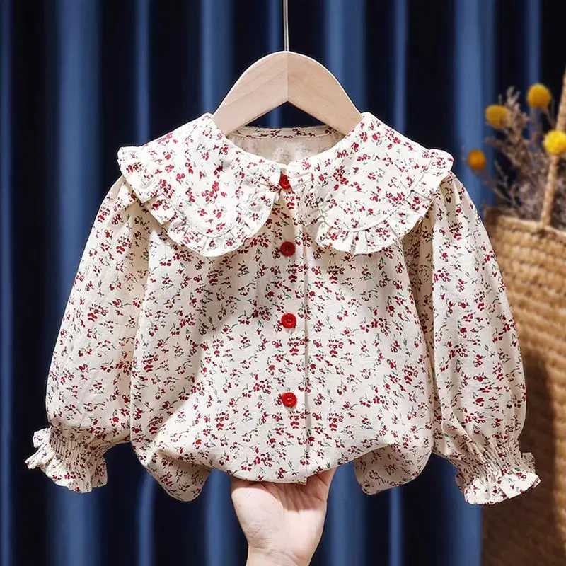 Girls Shirt Spring/Summer 2023 New Polo Neck Cotton Long sleeved White Shirt Girls Childrens TopW240729