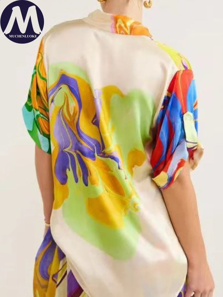 Elegant 2piece Sets for Women Summer Fashion Printing Half Sleeved Shirt Top Suits Casual Loose Lace Up High Waisted Skirt Set 240729