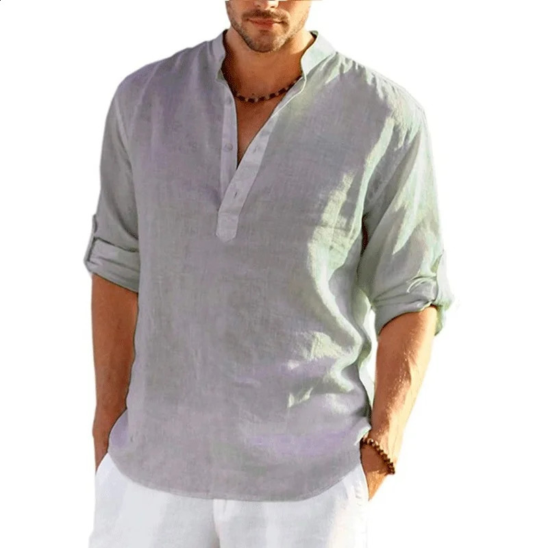 Mens Linen Long Sleeve T-Shirt Solid Color Loose Casual T-Shirt Long Sleeve Cotton Linen Shirt 240729