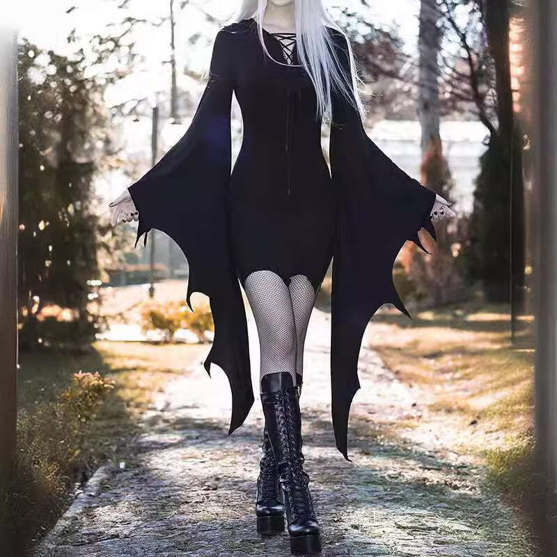 2024 Halloween New Gothic Style Womens Solid Color Irregular Strap Bat Sleeve Dress Long Summer Dress Self-cultivation Sexy Novelty Short Bifurcated L