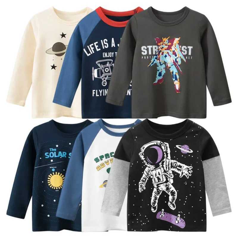 T-shirts 2024 Autumn Sweatshirt Boys Girls Cartoon Astronaut T-shirts Childrens Long Sleeve Rocket Cotton Tops Child Space Kids ClothesL24729