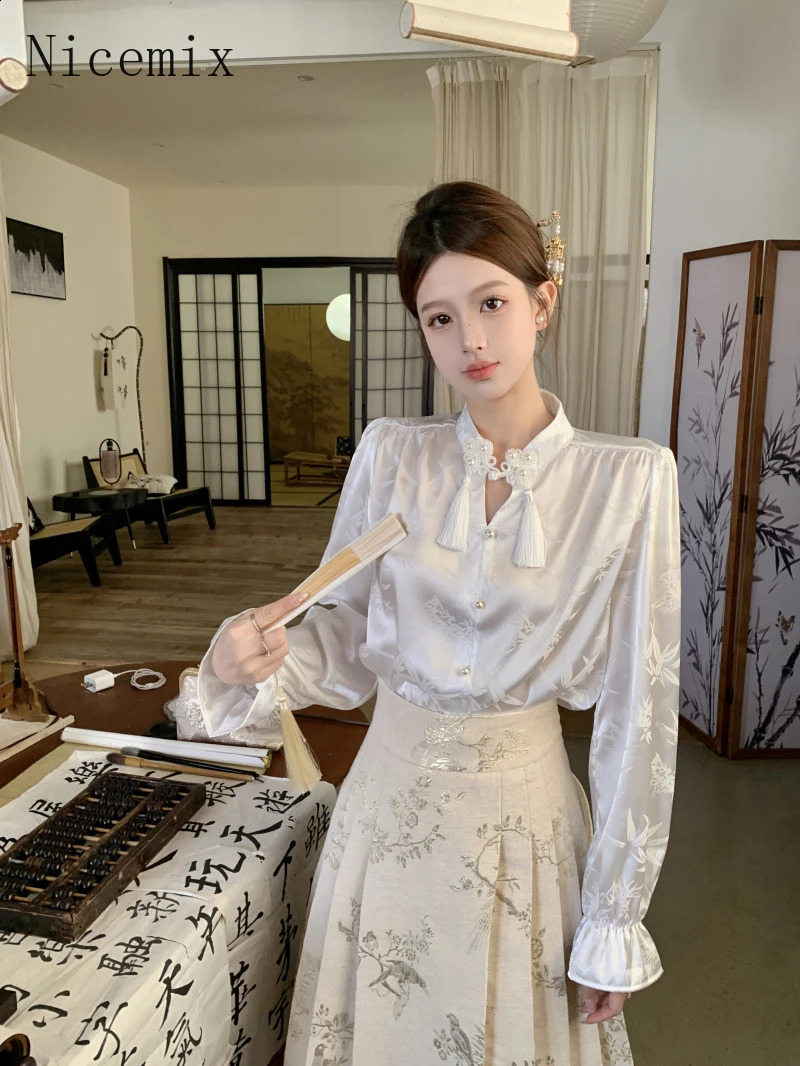 Chinese Style Heavy Industry Jacquard Gold Silk Horse Face Skirts Suit Elegant Slim White Shirts Two Piece Set Women Outfits 240729