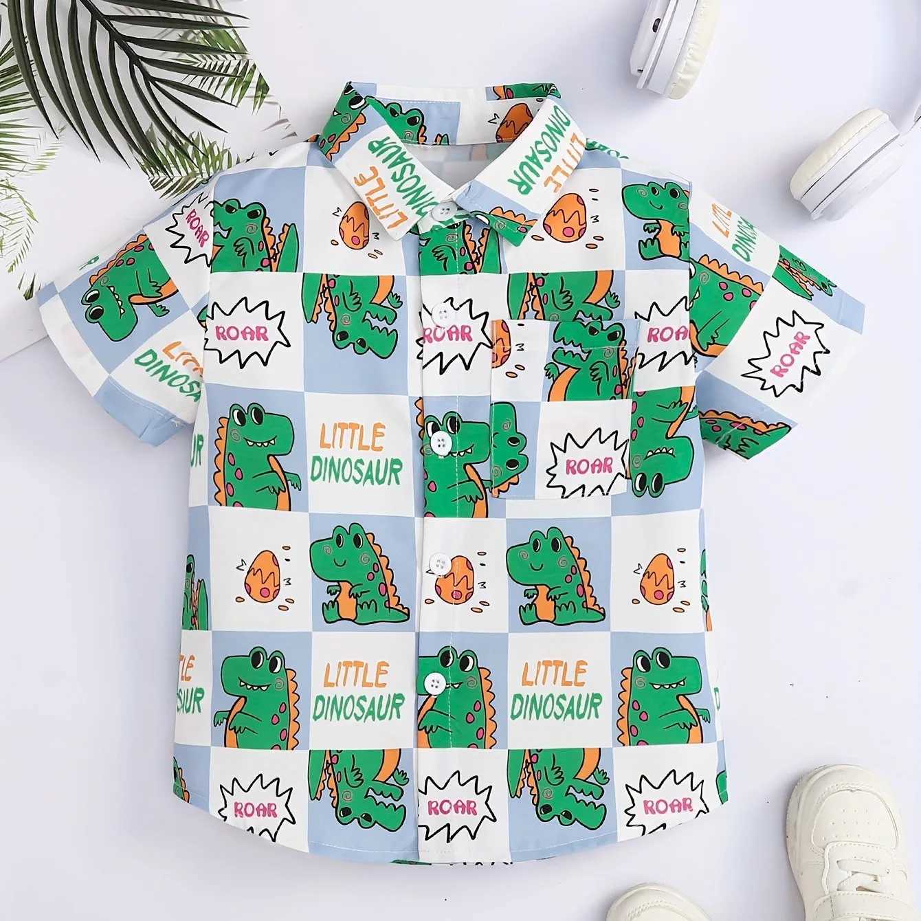 Boy cartoon animal flower pattern cute short sleeved casual comfortable button loose breathable summer holiday collar shirtW240729