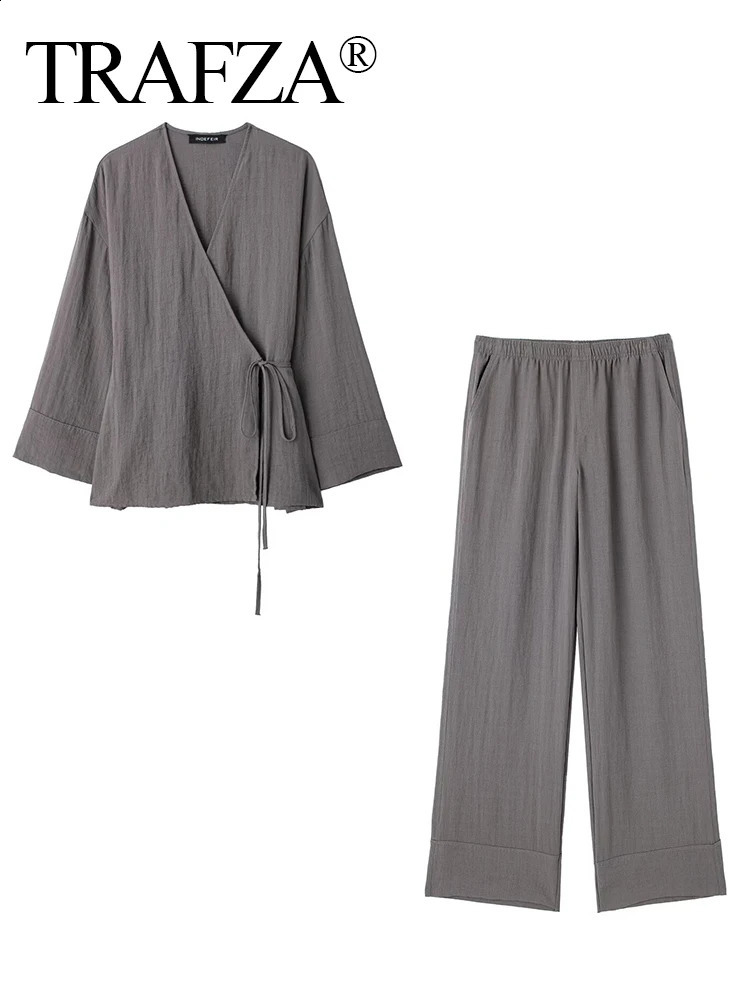 TRAFZA Women Solid Lace Up Textured Shirt Pants Set Long Sleeve Vneck ShirtsLoose High Waist Wide Leg Trousers Outfit traf 240801