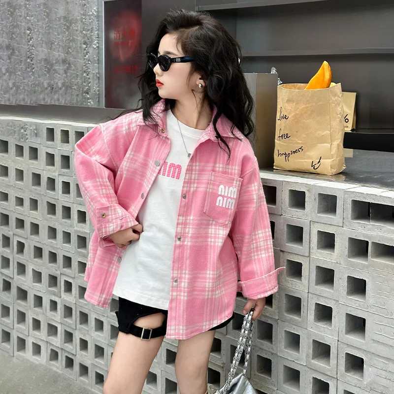 Girls solid color shirt spring and autumn thin long sleeved cotton jacket childrens shirt spring dress 2024 new itemW240729