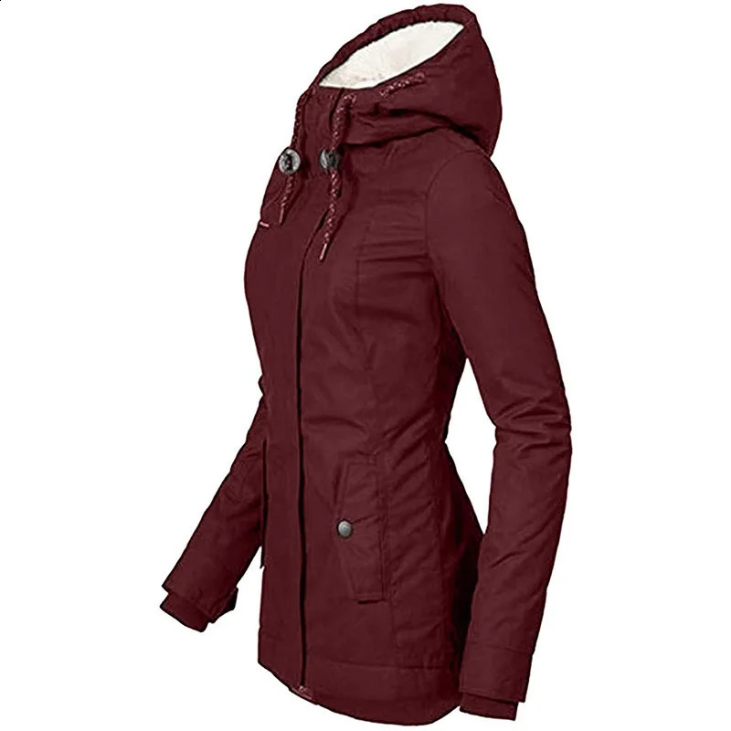 Fashion Womens Thickened Coat Warm Winter Solid Plush Thickened Long Jacket Outdoor Hiking Hooded Windproof Parka Coat 240729
