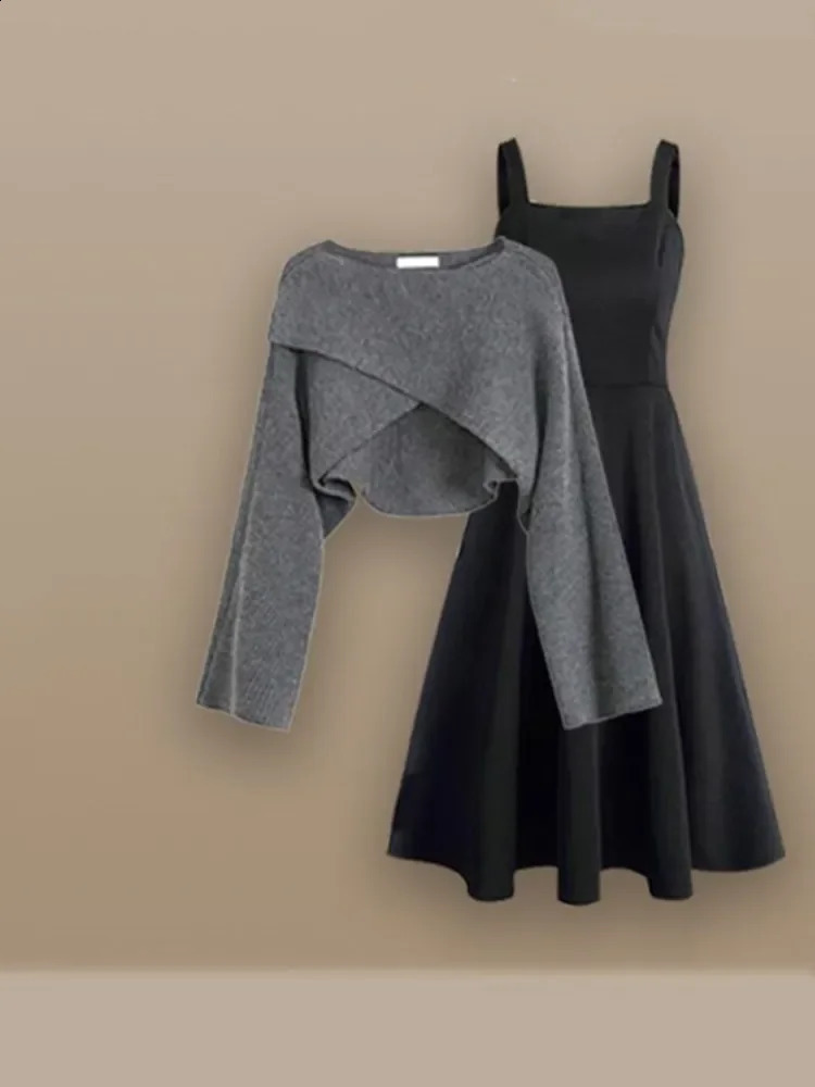 Autumn and Winter Womens Set High end Versatile Knitted Sweater Slim Strap Dress Two Piece 240729