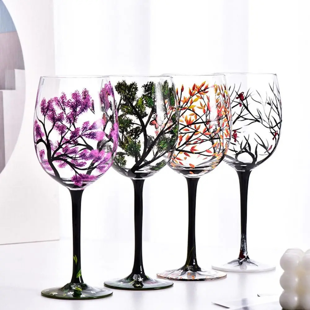 Update Four Seasons Trees Glasses Creative Printed High Legged For Wine Beer Cocktail Large Capacity Glass Cup Set 240729