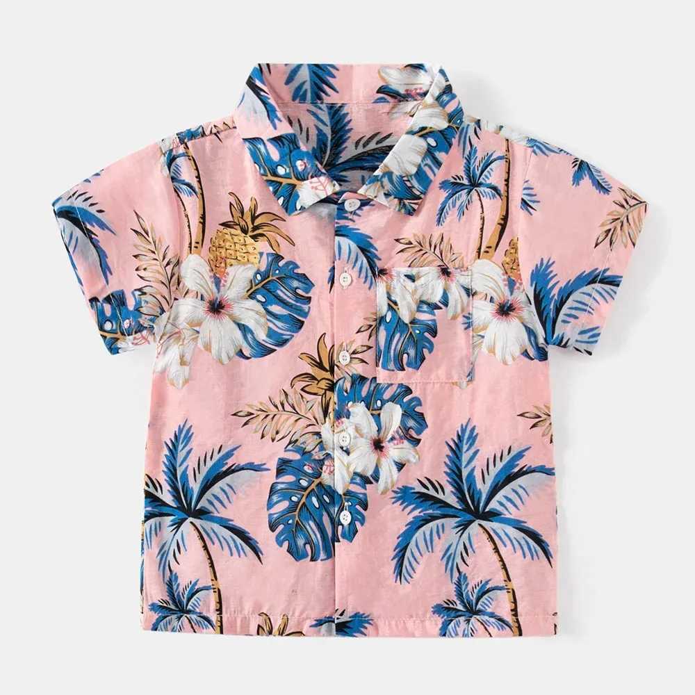 Summer Boys Shirt Beach Graphic Printed Short Sleeve Casual Button Childrens 2-8 Piece Holiday Seaside Childrens Shirt TopW240729