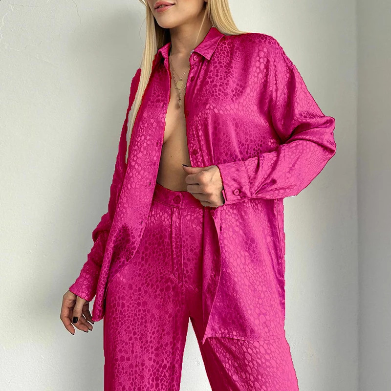 Elegant Satin Loose Straight Pants Outfits Leopard Print Spring Two Piece Sets Casual Commuting Long Sleeved Womens Suit