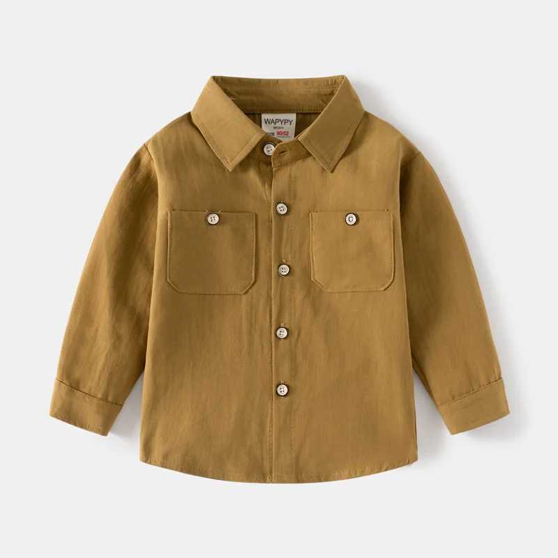 Childrens long sleeved shirt spring and autumn boys double sleeved pocket childrens long sleeved collar solid color pure cotton age 3-8W240729