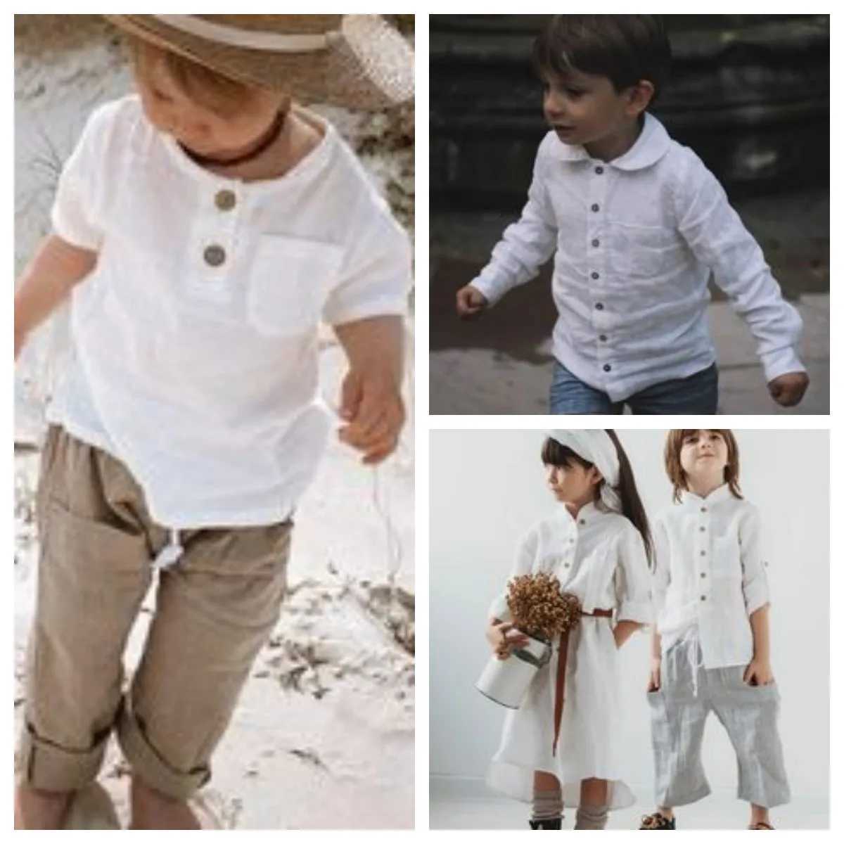 Linen cotton white shirt 2024 boys and girls summer T-shirt new childrens comfortable top T-shirt childrens clothing button up shirtW240729
