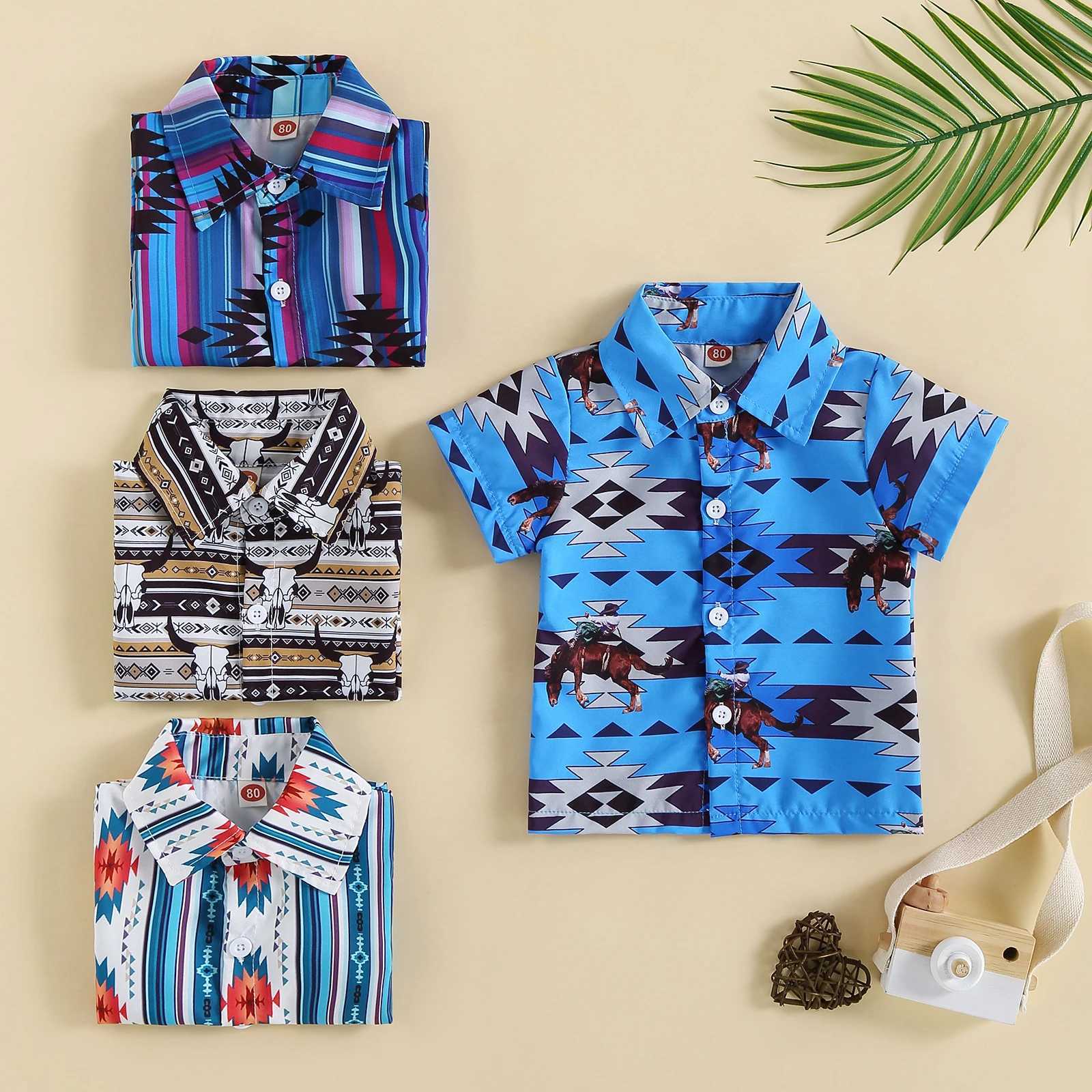 FOCUSNORM 0-3Y Preschool Boys Summer T-shirt Western Geometry/Cow Print Short Sleeve Button ShirtW240729
